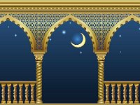 855153714  Balcony of a fabulous palace in oriental style with a view of the night sky. Vector graphics